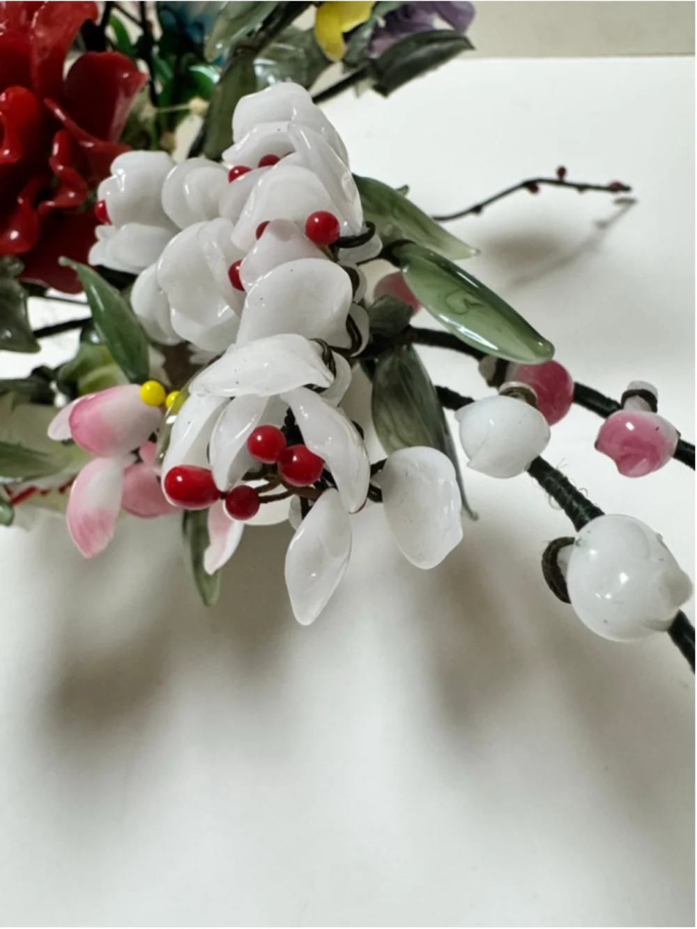 Vintage Yaun Feng Oriental Jade Glass Flowering Blossom Bonsai Tree